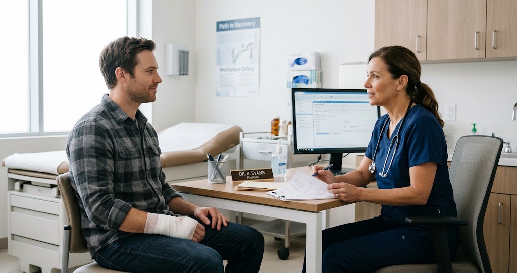 Illinois injured worker discussing treatment options with a workers compensation doctor at Rand Medical Center in Arlington Heights